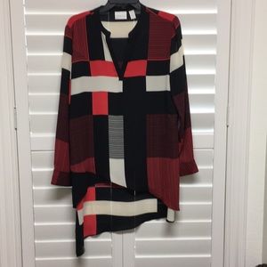 Red and black long sleeve blouse, diagonal cut